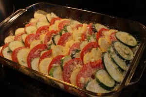 Summer vegetable gratin assembled and ready to bake.